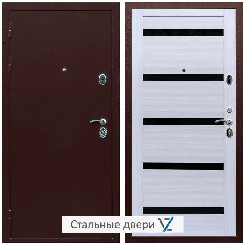Дверь входная металлическая VZ Люкс Антик медь / СБ-14 Сандал белый стекло черное